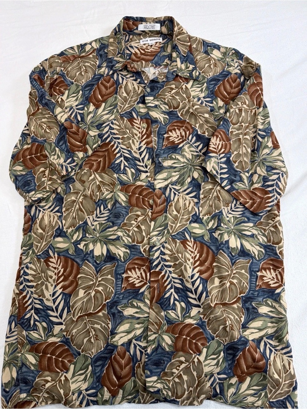 Via Veneto Brown Blue Green Leaf Print Dress Shirt
